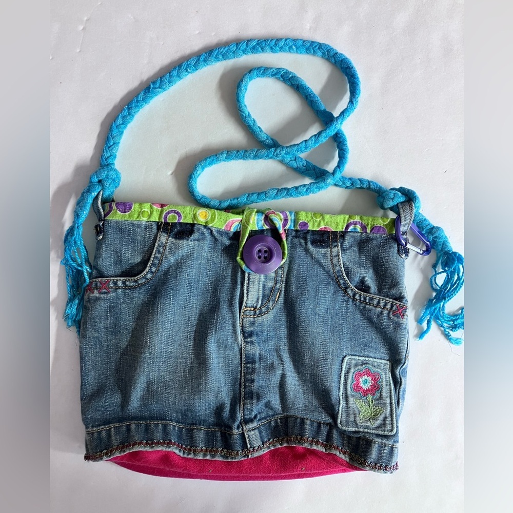Handmade/Upcycled Crossbody Denim Bag, Faded Blue/Green/Pink, Casual/Boho